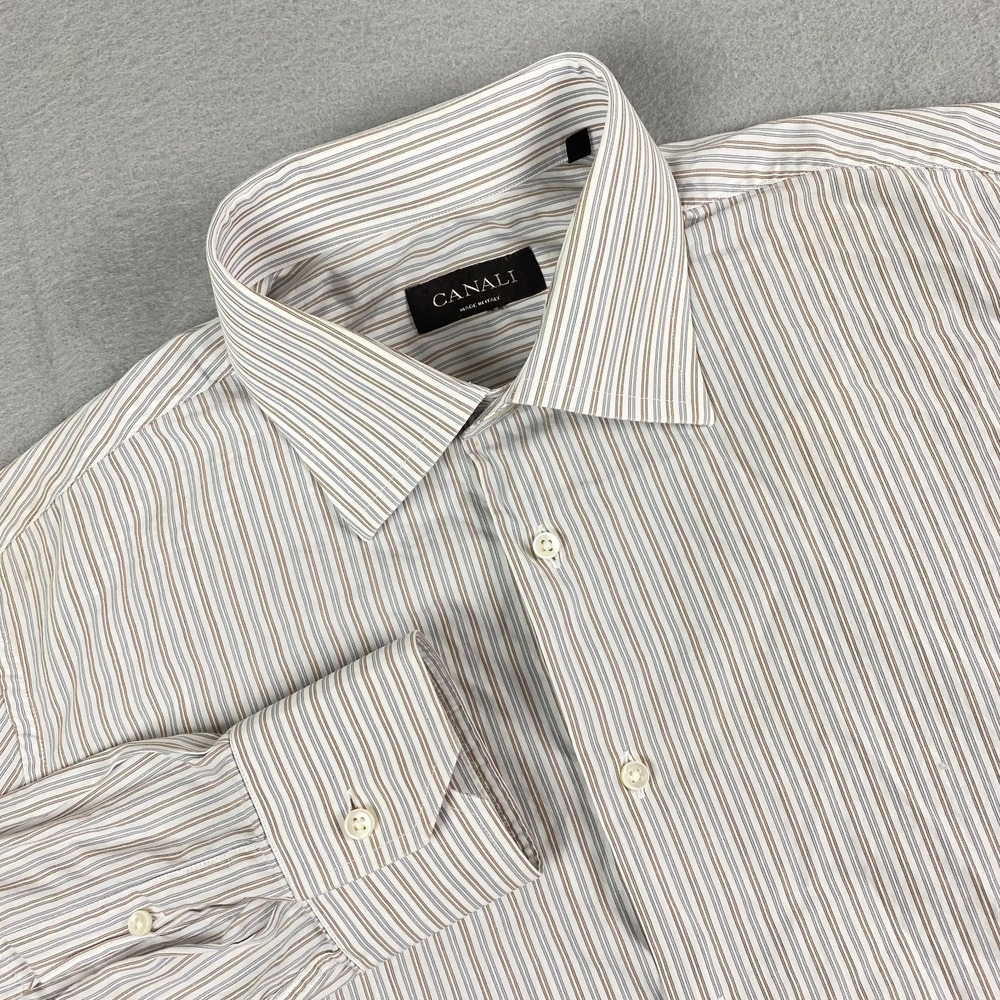 Canali mens dress Shirt M 16.5 42 white light blue Striped Made In Italy Button